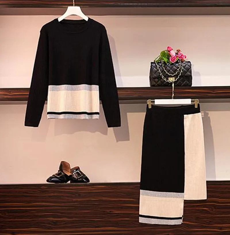 Большие размеры Трикотаж Свитера комплект из 2 предметов осенний женский винтажный пуловер с длинными рукавами Топы+ вязаная стандартная юбка комплект из двух предметов костюм