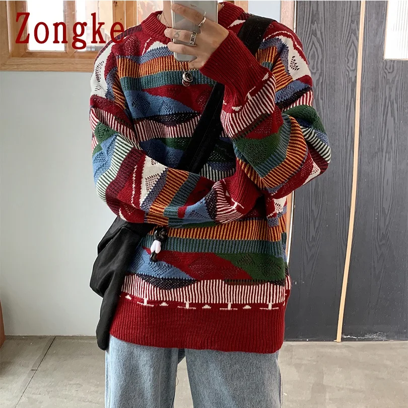 Zongke осенне-зимний повседневный мужской свитер в национальном стиле, приталенный вязаный пуловер, мужские брендовые свитера, теплые M-2XL