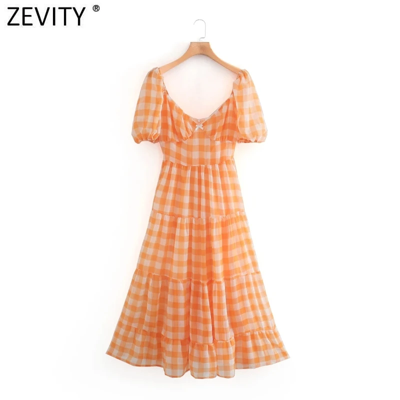 Zevity Women elegant v neck plaid print midi dress Ladies retro puff sleeve pleat ruffle vestido chic back zipper Dresses DS4176 Zevity Women elegant v neck plaid print midi dress Ladies retro puff sleeve pleat ruffle vestido chic back zipper Dresses DS4176