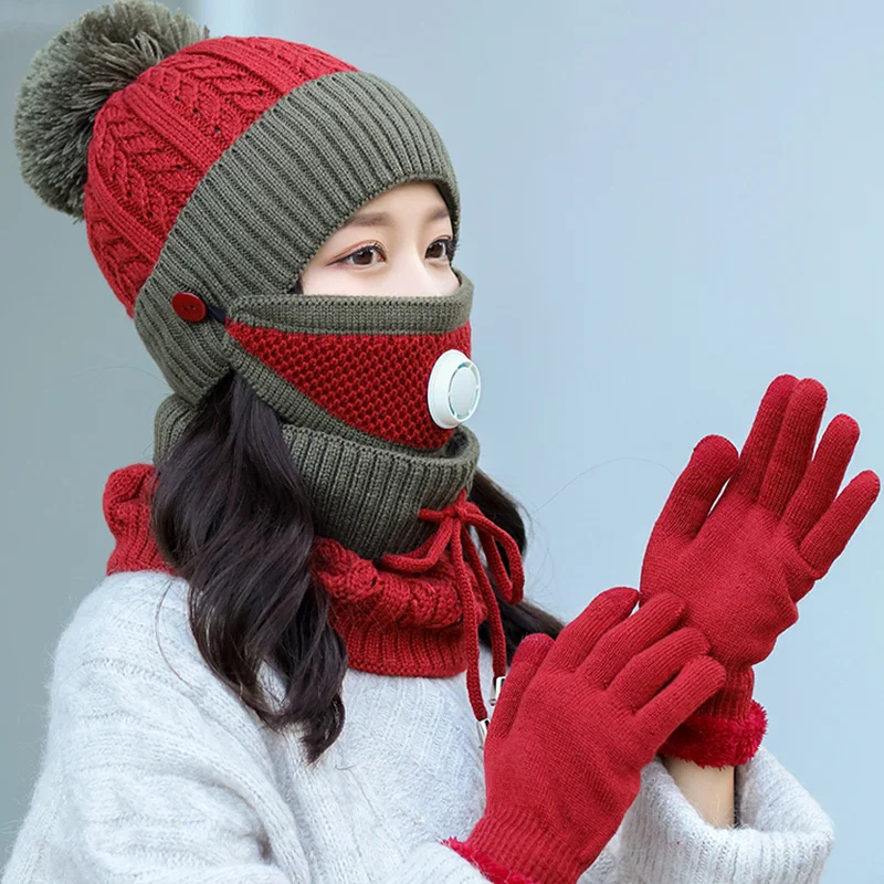 Толстые Skullies бини Женская Корейская зимняя вязаная шапка теплый толстый бархат джемпер шапка маска для лица нагрудник шерстяной ветрозащитный шарф для улицы