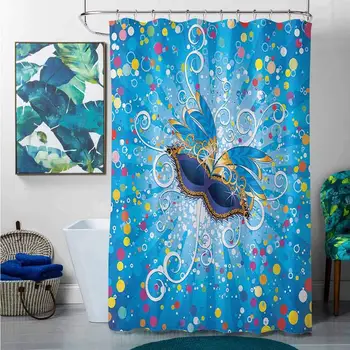 

Easter Shower Curtains for Bathroom Set Mardi Gras,Blue Backdrop with Colorful Dots Spots and Carnival Mask with Stylized