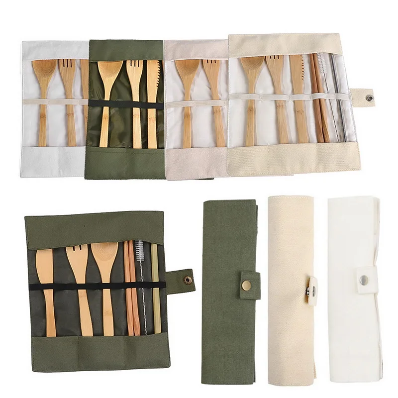 

7pcs/set Bamboo Straw Set With Cloth Bag Wooden Flatware Cutlery Set Knives Fork Spoon Chopsticks Travel Flatware Set