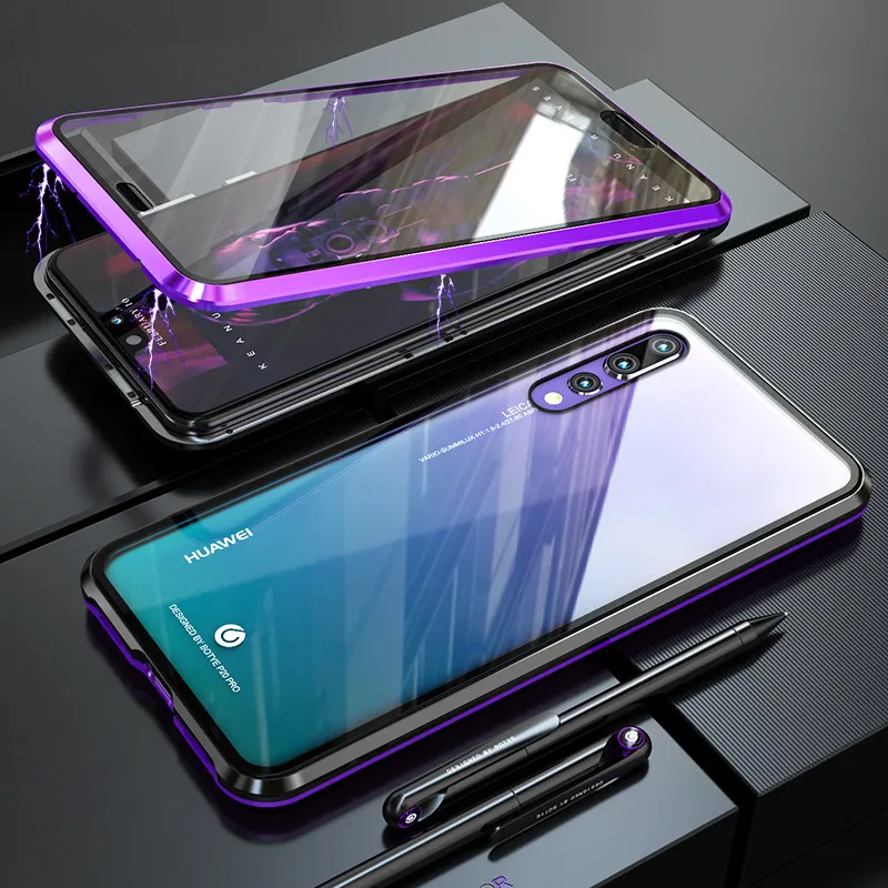 Black Purple Роскошный защитный Магнитный чехол на весь корпус для huawei P20 Pro чехол 360 прозрачная задняя крышка из закаленного стекла чехол для huawei P20Pro - Цвет: Black Purple