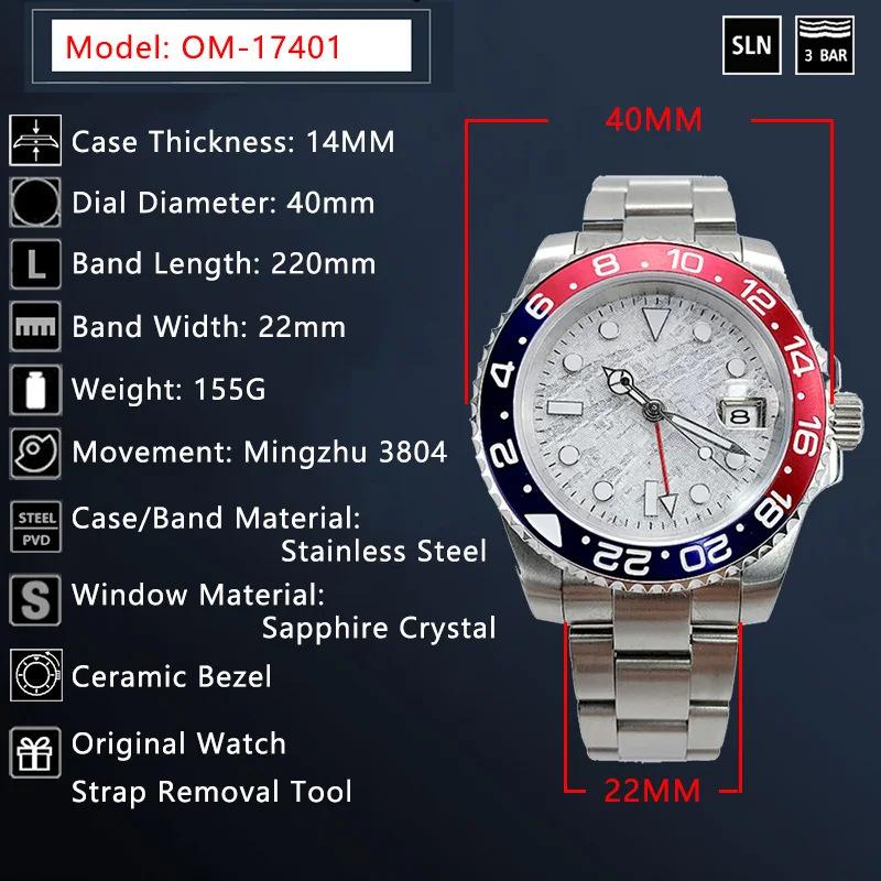 Роскошные Брендовые мужские механические часы GMT 40 мм автоматические метеориты часы синий и красный керамический ободок
