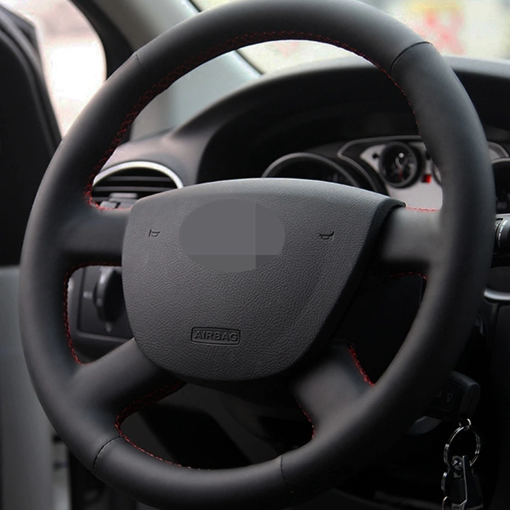 Чехол рулевого колеса автомобиля из натуральной кожи черного цвета для Ford Focus 2 2005
