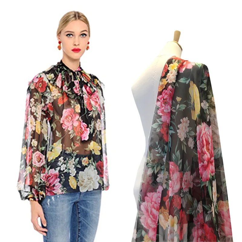 Brand Custom Printed Chiffon Polyester Fabric Cloth Summer See-through Shirt Women's Sewing Fabric for Dress