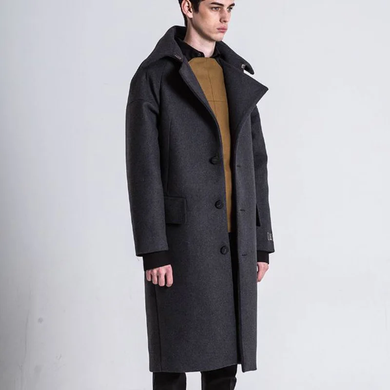 Men's woolen coat hooded mid-length slim fit 2020 autumn and winter buttoned new gray windbreaker jacket | Мужская одежда