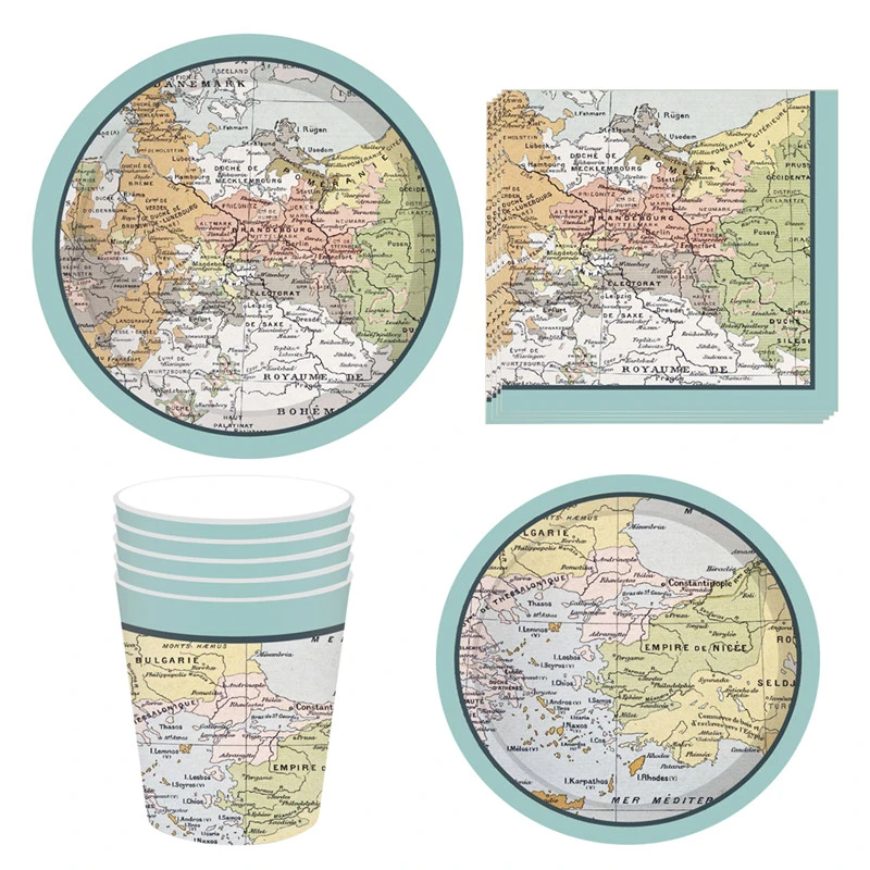 8Pcs Adventure Around The World Map Paper Cup Plate Napkin ...