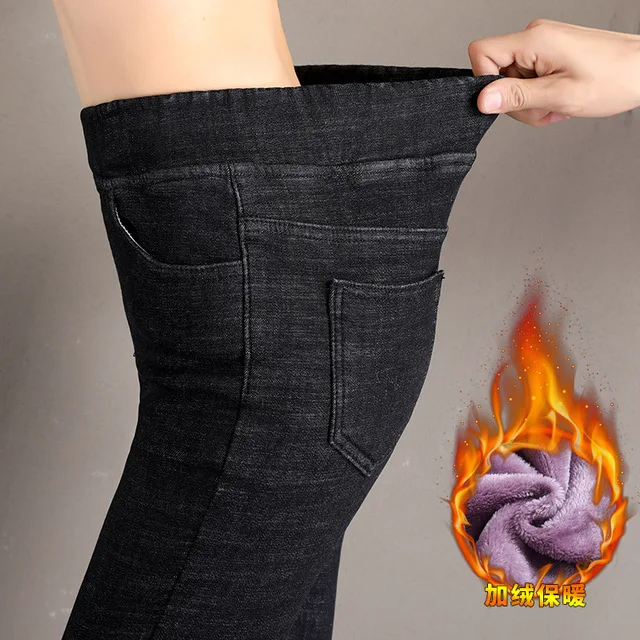 Female Autumn Winter Black Blue Skinny Jeans Women Thicken Fleece Warm Jeans Women High Waist Stretch Jeans Woman