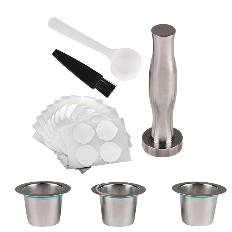 

HLZS-Stainless Steel Metal Reusable for Nespresso Capsule with Press Coffee Grinds Stainless Tamper Coffee Pod for Nespresso Mac