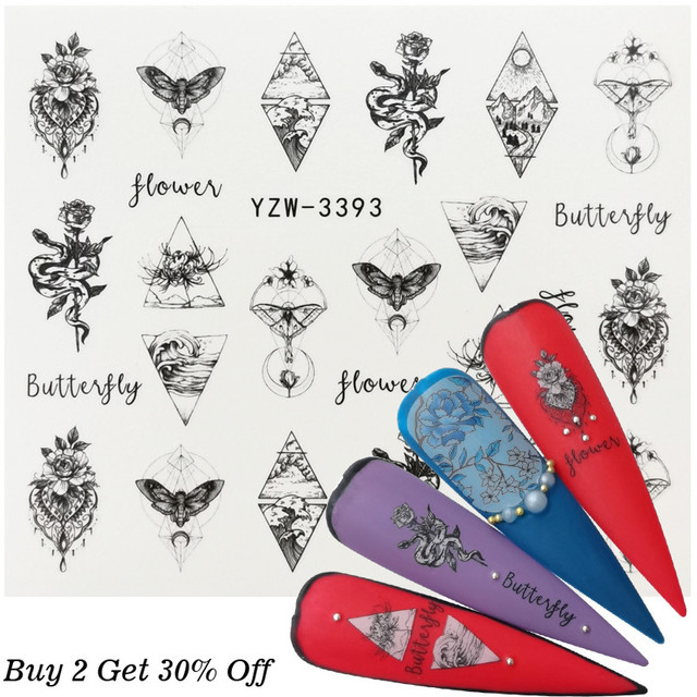 New Jewelry Nail Sticker Black Vintage Boho Style Decals Manicure Water Transfer Slider Foil Slider Decorations