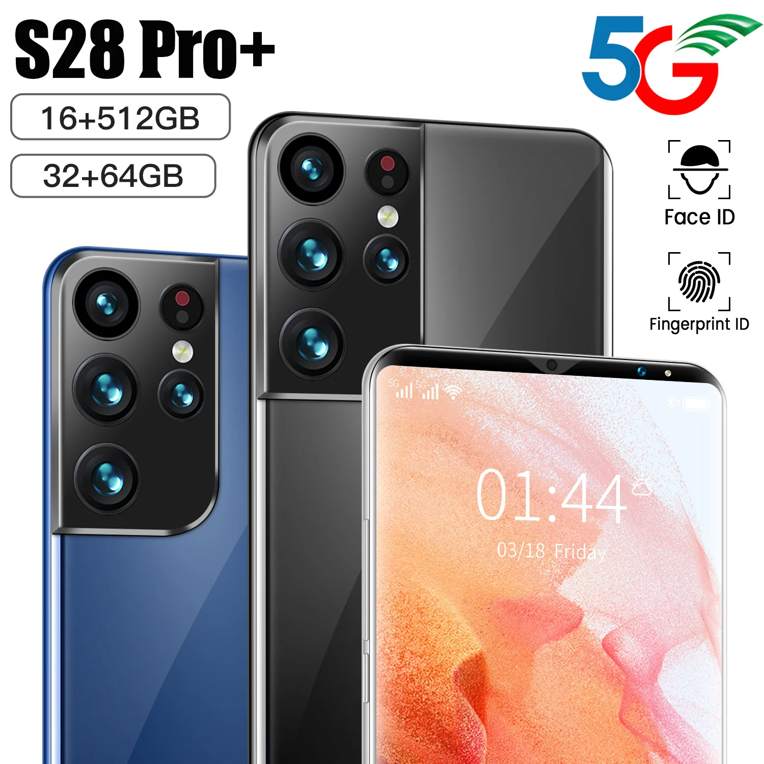 Смартфон S28 Pro + 6 1 дюйма 6000 мАч 32 64 Мп 10 ядер 16 512 ГБ разблокировка по лицу GPS Android 11 |