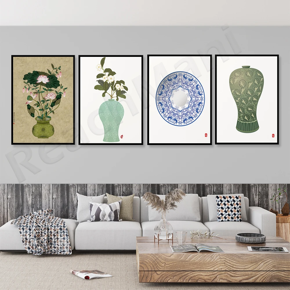 

Korean posters, lotus vase prints, Korean art living room decoration, oriental auspicious signs, ceramics, Asian ceramic gifts