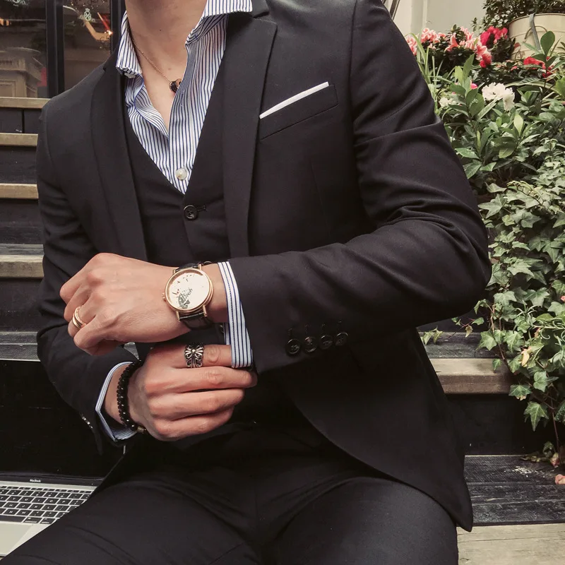 Suits Men's Casual Groom Wear Tuxedos Korean Business Groomsmen Best Men Wedding Dresses One Button Slim Men's Three-piece Suits