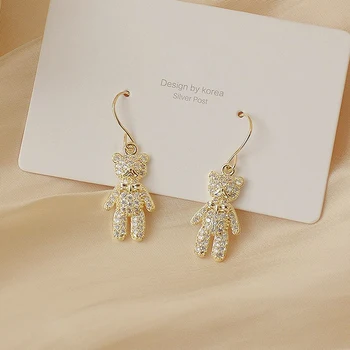Cute Gril Inlaid Zircon Little Bear Earrings for Women 14K Real Gold Tiny Bling Stud Earring Wedding Accessories Birthday Gfit