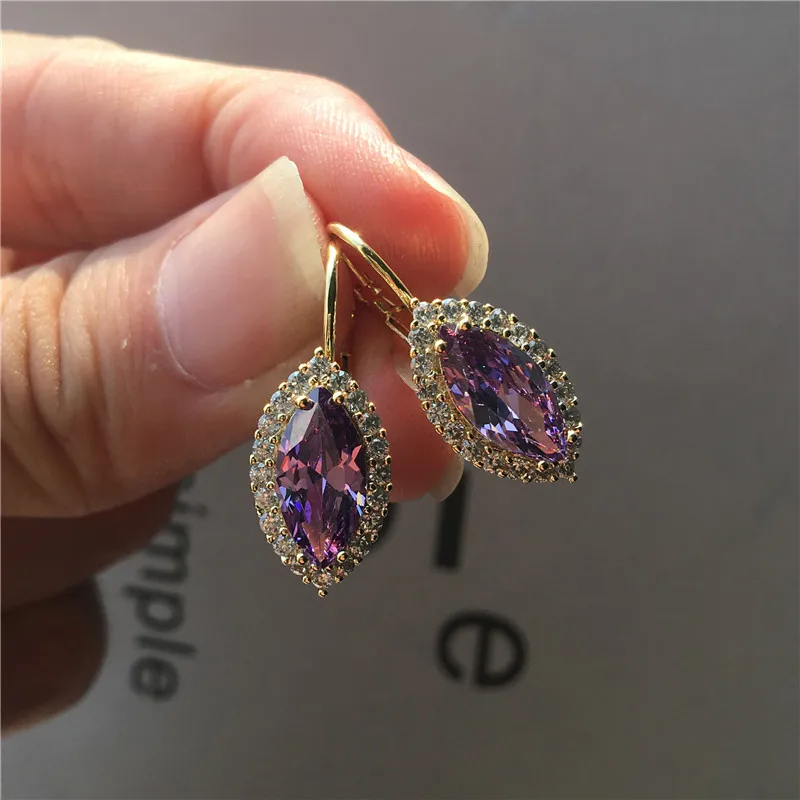 Gold Purple Женские серьги с кристаллами в виде лошадиных глаз, роскошные 925 пробы серебряные серьги-клипсы для женщин, белые, синие, красные серьги с фиолетовыми камнями - Окраска металла: Gold Purple