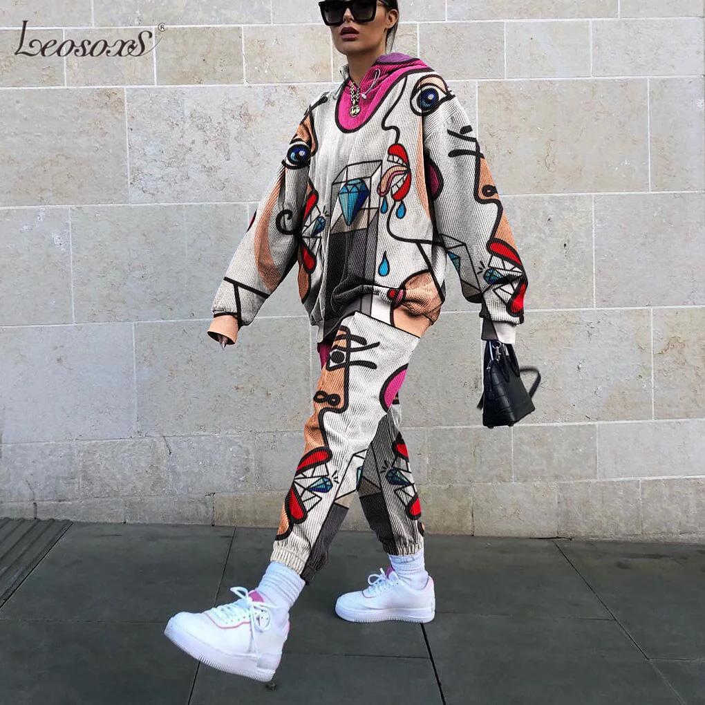 

2 Piece Set Women Tracksuit New Fun Printing Design Thin Sweatshirt Pants Suit Autumn Tops Loose Casual Girls Plus Size 3XL