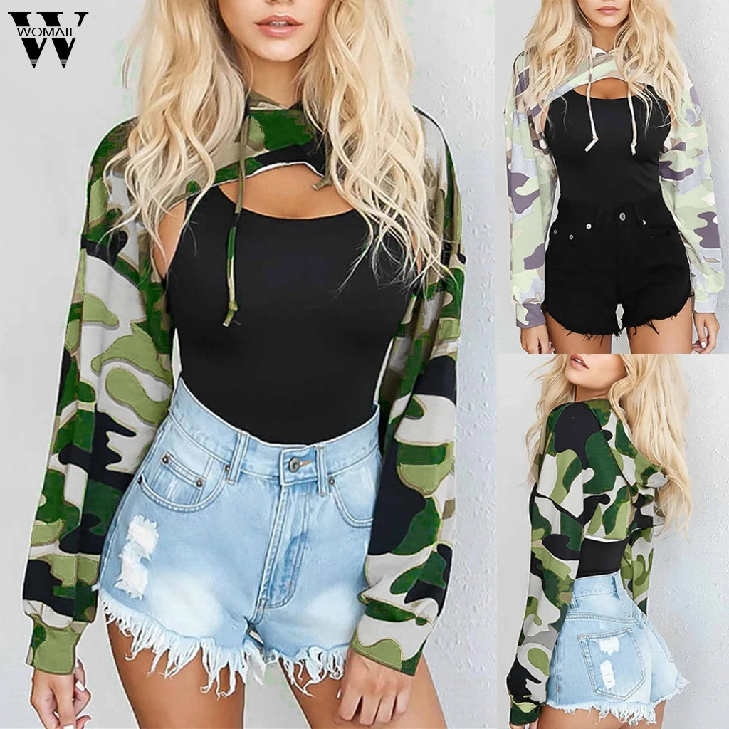 

Womail Sweatshirts Women's Long Sleeve Camouflage Print Autumn Drawstring Hooded Blouse Women Print Sweatshirts Sudadera S-XL