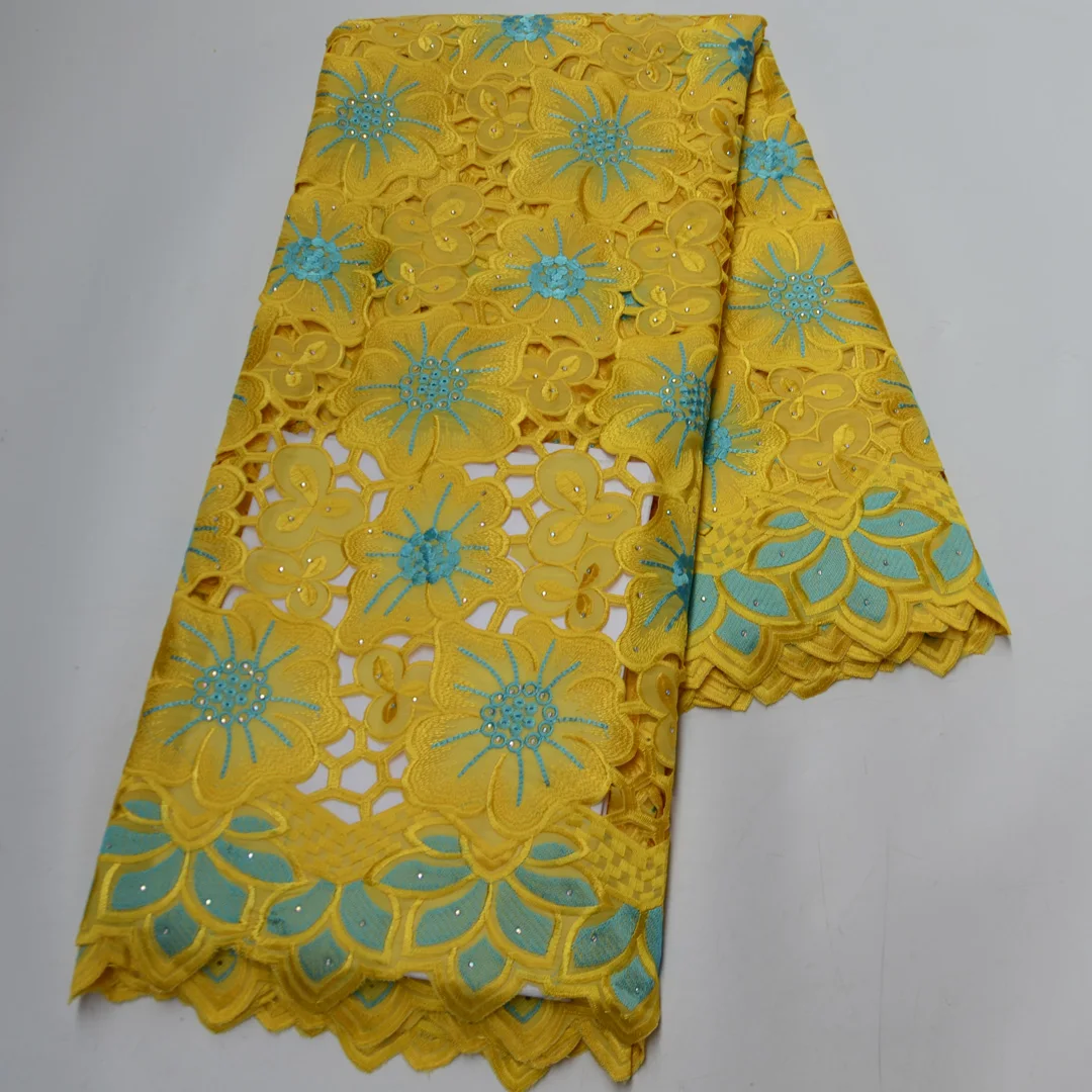 

(5yards/pc) High quality yellow African voile lace fabric wonderful embroidered Swiss cotton lace for party dress CLP494