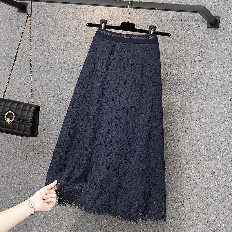 Blue Lace Long Plus Large Size Oversize Korean Style Fashion Women'S Clothing Vintage 2021 Casual High Waist Skirts Female | Женская