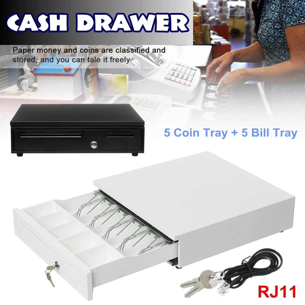 

Heavy Cash Drawer Box With 5 Coin Tray 5 Bill Tray POS Register RJ11 Key Lock White/Black Removable Cash Drawer For Supermarket