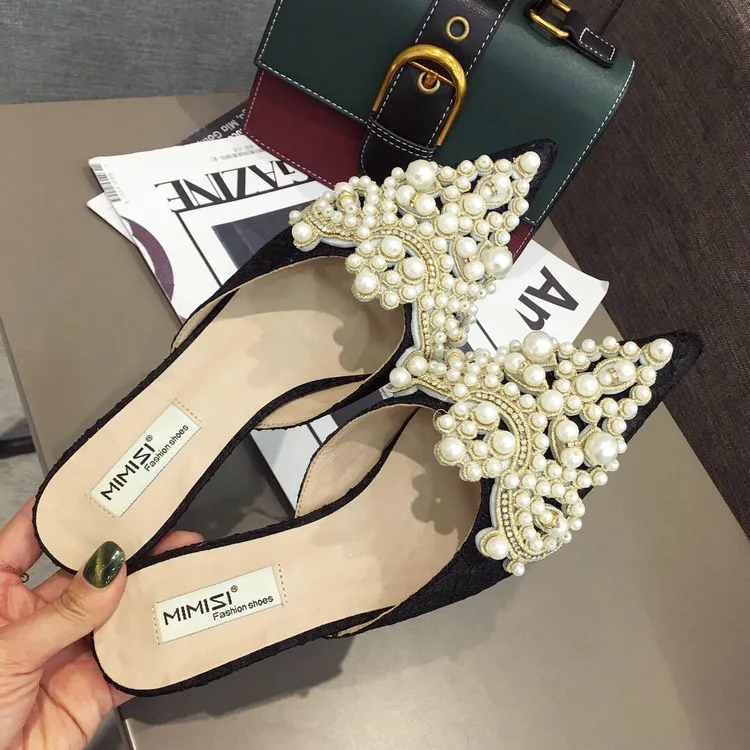 

2019 Fashion Thin Heeled Beaded Bracelet Man-made Diamond Pointed-Toe Closed-toe Female Slippers Pearl Decoration Lace Semi-high