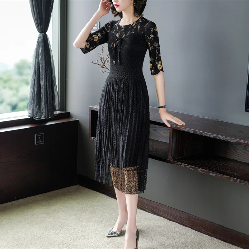 

2019 New Style Spring Clothing Commuting Floral-Print Joint Slimming Mid-length Cover Belly Tibetan Meat Pleated Dress Spring An