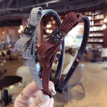 

Fashion Elegant Women's Headband Bling Rhinestone Checked Bow Hair Hoop Wide Fabric Headdress Hair Band Hair Decor Accessories