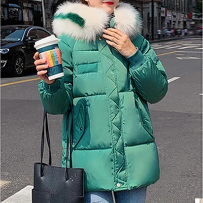 Зимние хлопковые пуховые пальто для женщин, большие размеры, парки, одноцветные меховые утепленные куртки с капюшоном, женские корейские пуховики на молнии, верхняя одежда - Цвет: Green