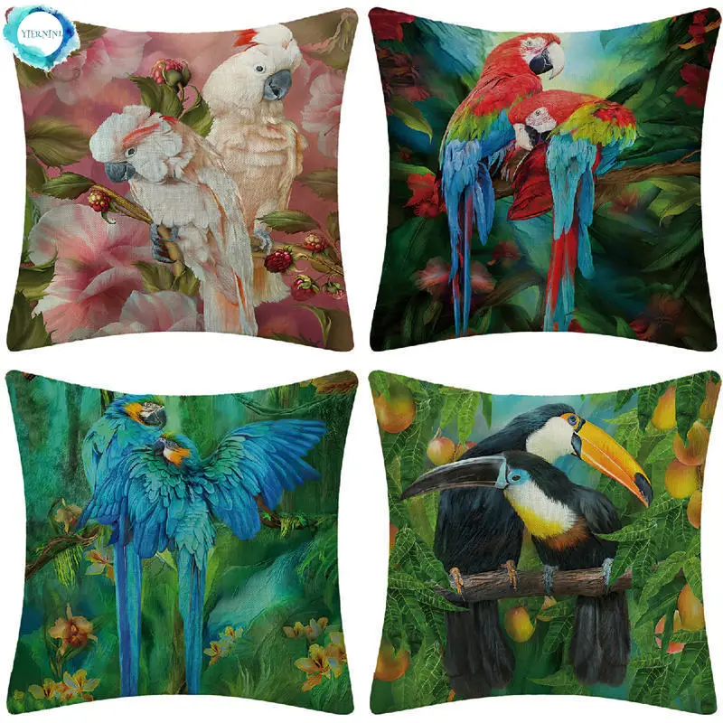 Parrot Toucan Couple Bird Decorative Throw Pillow Cushion Cover Tropical Plant Cotton Linen Pillowcase Decoration for Home Sofa | Дом и сад