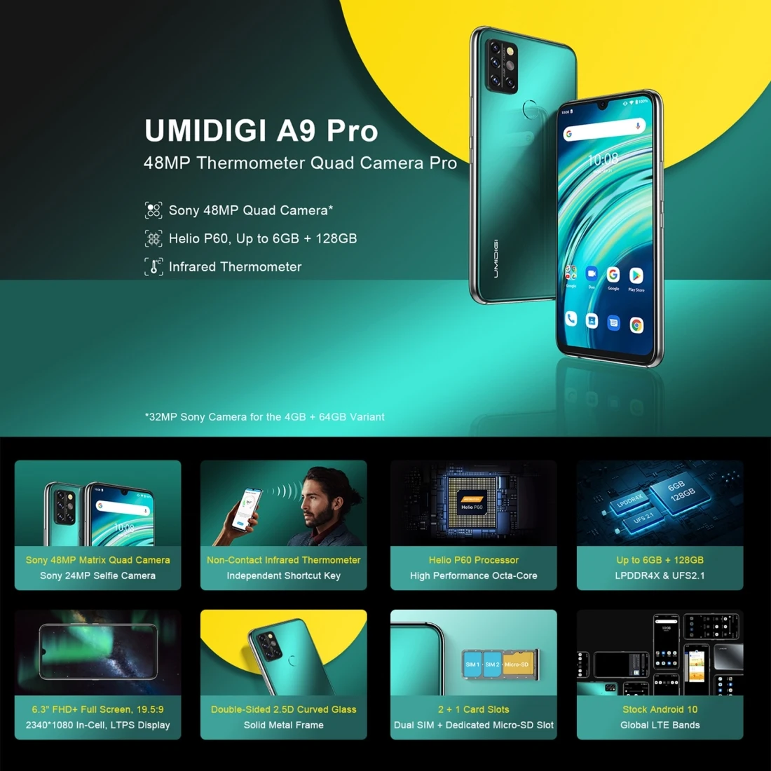 UMIDIGI A9 Pro 6GB 128GB 4150mAh Battery Face ID Fingerprint ID 6.3 inch Android 10 MTK Helio P60 Octa Core 4G OTG Smartphone poco best camera phone
