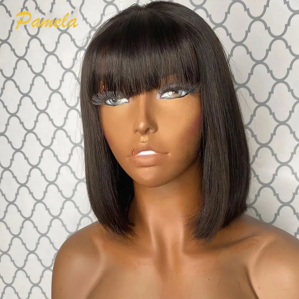 Short Bob13x6 HD Transparent Lace Frontal Glueless Wig Ready To Wear Bone Straight Bob Lace Front Wig With Bangs For Women