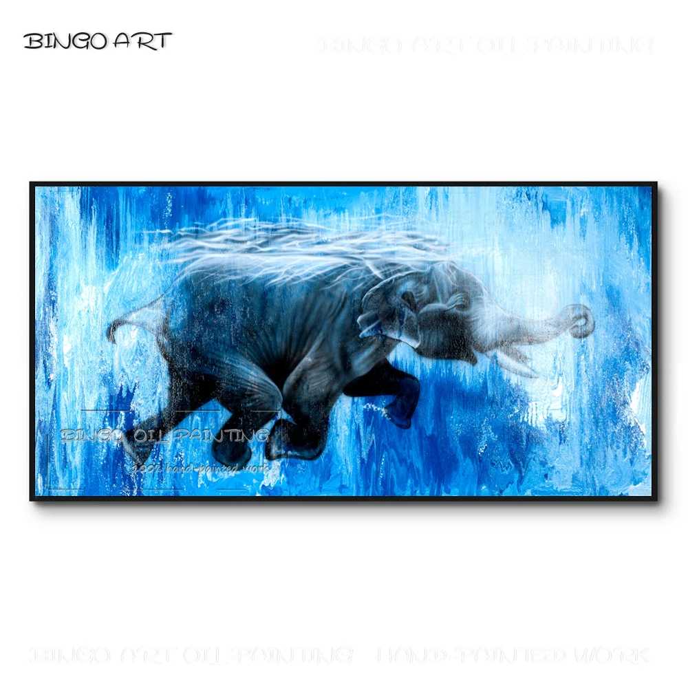 

New Arrivals Hand-painted High Quality Elephant Swimming Oil Painting on Canvas Wall Art Funny Animal Swimming Elephant Painting