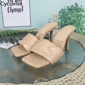 

2020 Hot Square Toe Weave Mules Women Slippers High Heels Slip On Sandals Woman Nude Black Runway Party Women Summer Shoes