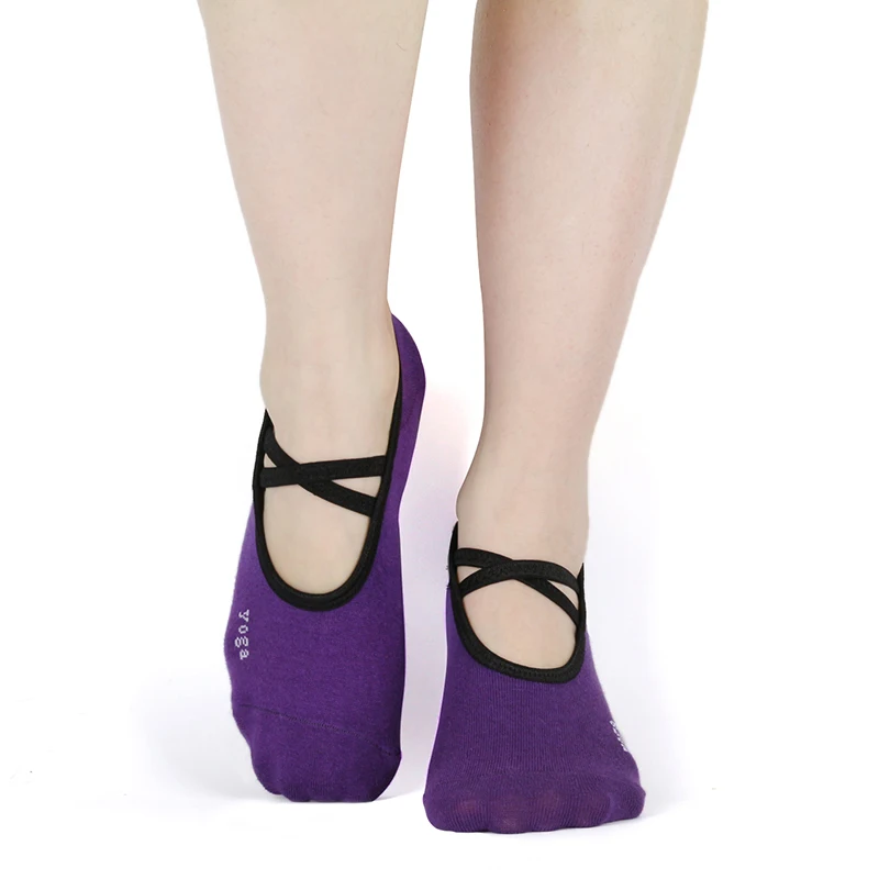 Носки для йоги, для дополнительного захвата, с открытой спиной, силиконовые, в горошек, Нескользящие, бандажные, спортивные носки, дышащие, для пилатеса, балета, танцевальные носки, Тапочки - Цвет: Лаванда