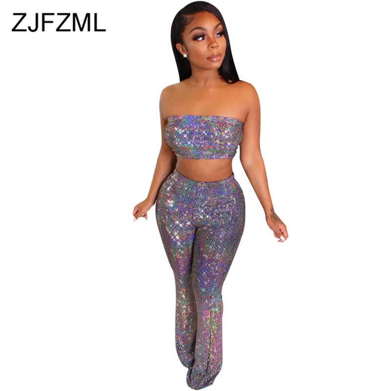 

Off The Shoulder Sexy Two Piece Set Tracksuit Women Strapless Backless Crop Top And Flare Long Pants Summer 2 Piece Club Outfit