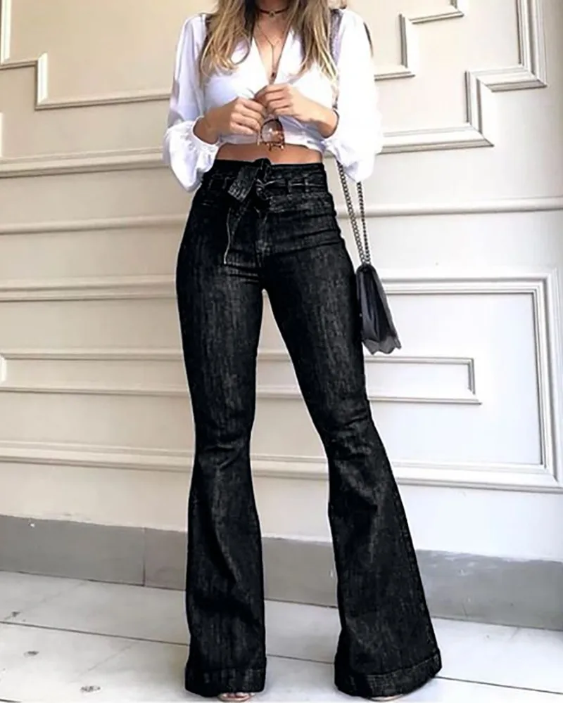 Женские джинсы с высокой талией и широкими штанинами, женские Стрейчевые длинные штаны