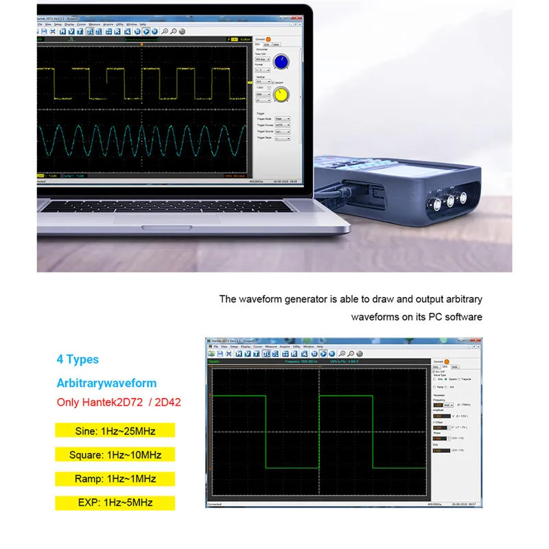 Hantek 3в1 цифровой осциллограф+ генератор сигналов+ мультиметр портативный USB 2 канала 40 МГц 70 МГц 2C42/2D72/2D42/2C72