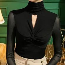 

T Shirts Women Clothes Solid Basic Hollow Out Gauze T-Shirt Tees Femme Turtleneck Skinny Casual Spring Autumn New Tops Female