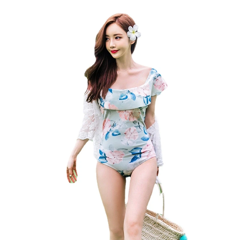 The New Female Small Breasts Gather Triangle One-piece Lotus Leaf Cover Belly Conservative Student Korean Hot Spring Swimsuit cover up beachwear