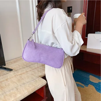 

Retro Crocodile Women Handbag Quality Leather Baguette Bag Female Subaxillary Small Shoulder Bags Purses Travel Clutch Purple