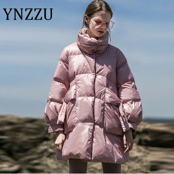 

YNZZU 2020 New Winter Women's Down Jakcets Pink Yellow Bow Pockets Female Duck Down Coat Lantern Sleeve A Line Outwear A1525