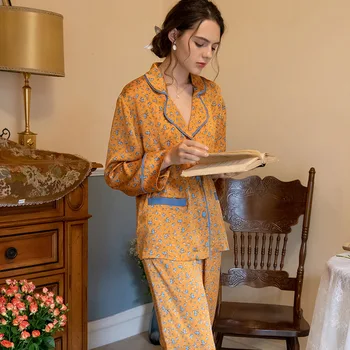

Fall and Winter French Contrast Color Floral Silk Pajamas Women's Long-sleeved Trousers 2 Pieces Nightwear Sleepwear Clothes