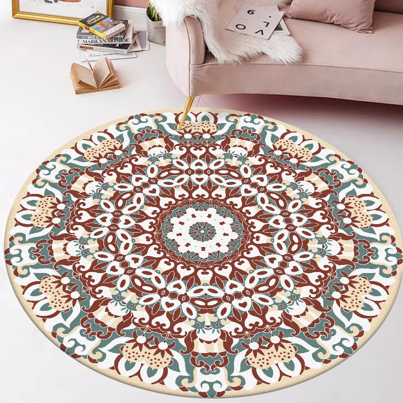 

New Round Area Rug for Bedroom Vintage Red Green Flower Pattern Round Carpets for Living Room Decor Rugs for Children Room