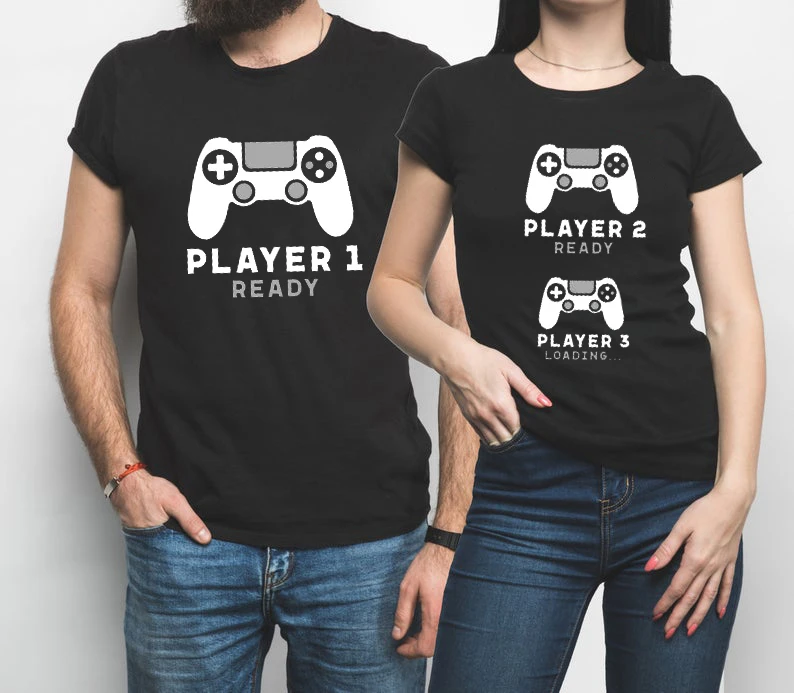 Player 1 Player Women Couple Tshirt Pregnancy Tops Funny Couples Tee Matching Graphic Tees Women Summer Print|T-Shirts|