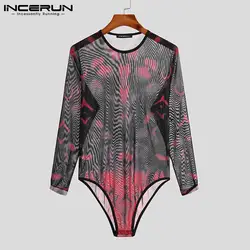 Stylish Casual Homewear Men Net Yarn Bodysuit Printed INCERUN Long Sleeve Rompers Hot Sale Stretch Triangle Jumpsuit S-5XL 2021