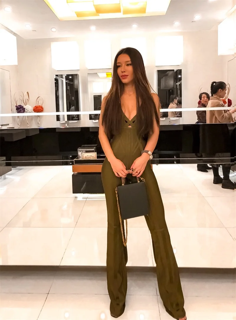 Одежда высшего качества Для женщин комбинезон Bodycon с повязкой, пикантный вырез с глубокой v-образной горловиной, без рукавов с лямкой на шее для ночного клуба вечерние комбинезон скинни с низким вырезом на спине
