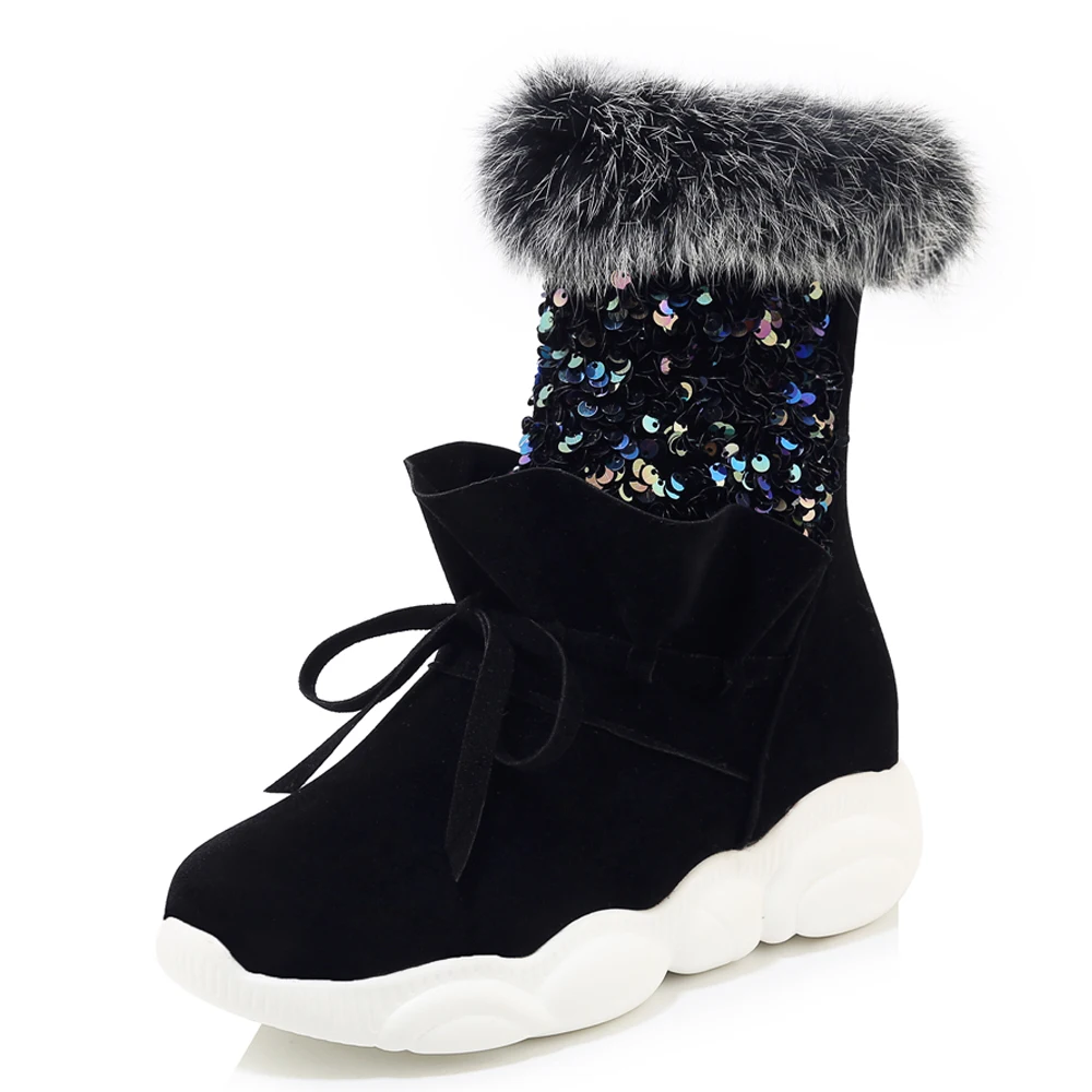 

Frosted Black Stitching Sequined Fabric Mid-Calf Boots Lace PU Stitching Shiny Circle Women's Boots Artificial Rabbit Fur Shoes