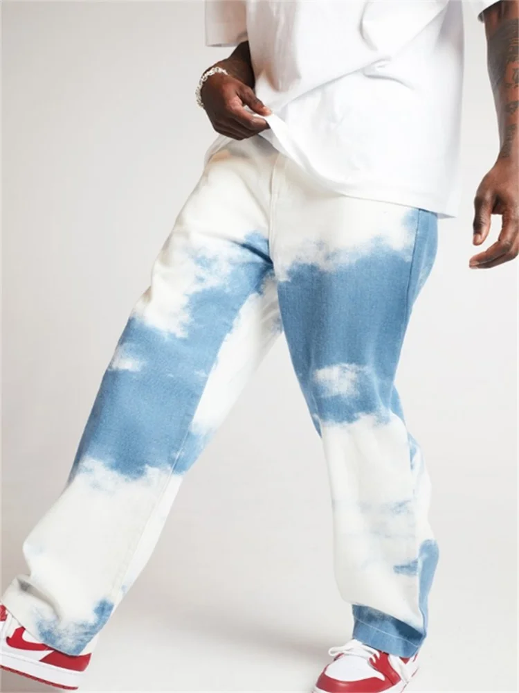EH · MD®Jeans dritti uomo sciolto cielo blu nuvole bianche decorazione  pantaloni larghi alla moda tasche grandi sbiancate elastiche di grandi  dimensioni|Jeans| - AliExpress