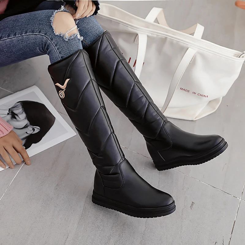 HTUUA/теплые плюшевые зимние сапоги; женская обувь, увеличивающая рост, без застежки; высота платформы по колено; зимние сапоги; женская обувь; цвет черный, белый; SX3234